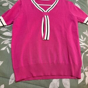 SHEIN Pink Short Sleeve Tee with Striped Trim